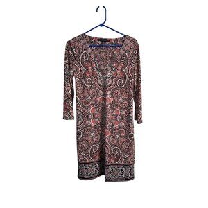 White House Black Market Paisley Print Dress S Black/Red 3/4 Sleeve Knee Length